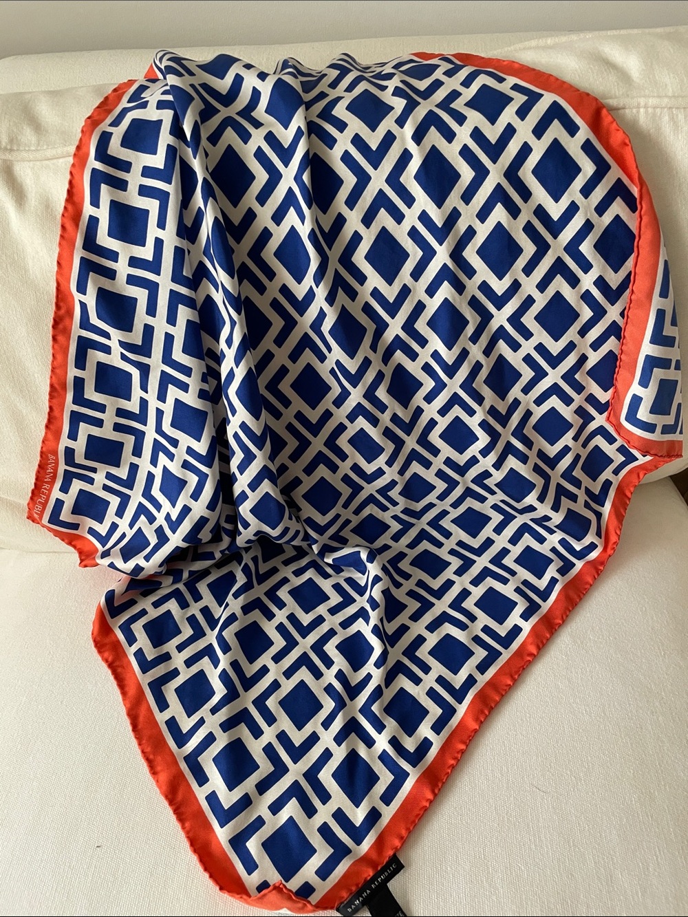 Banana Republic Blue and White Geometric Silk Scarf with Coral Trim
